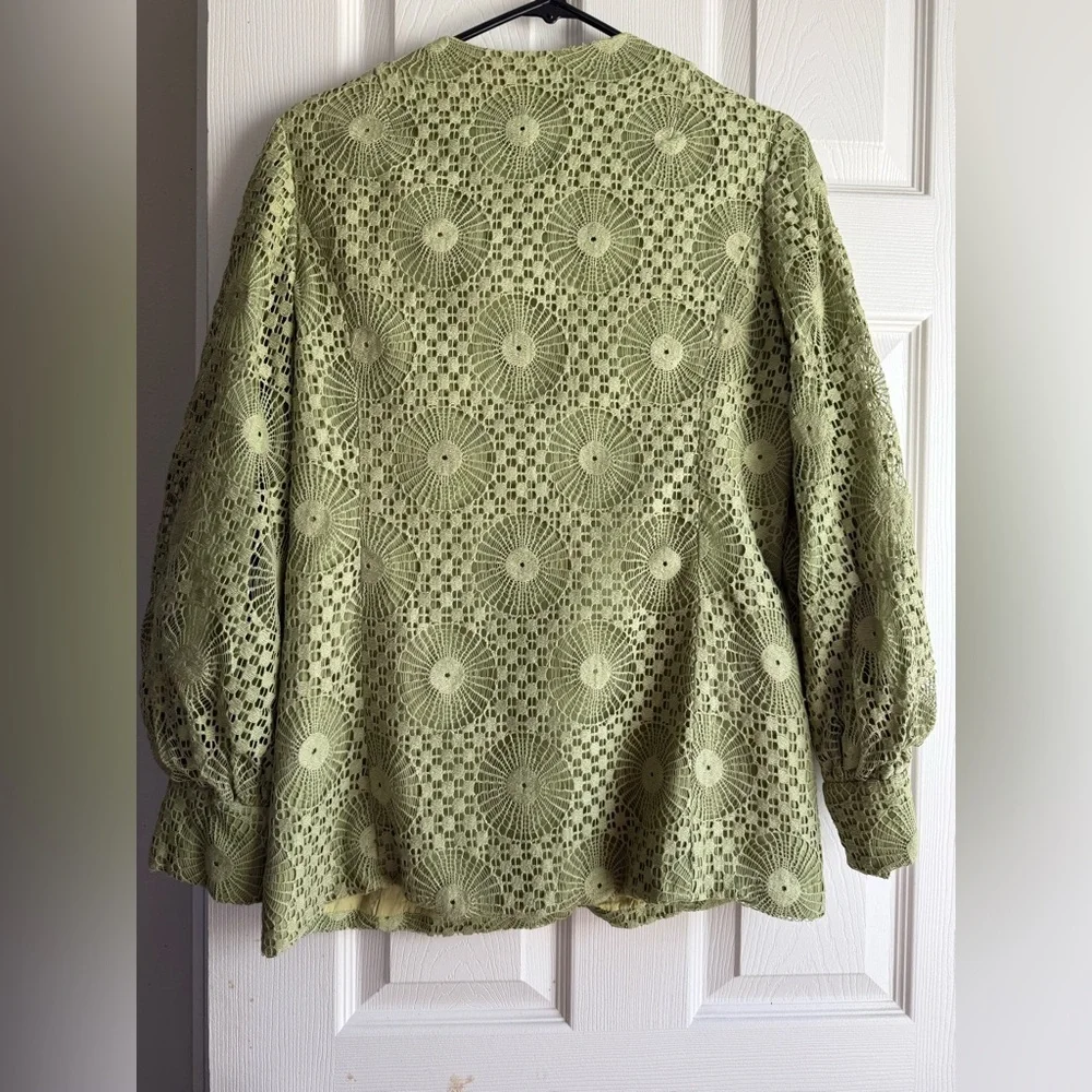 Vintage Lee Jordan Lace Crochet Jacket Blouse Sage Green Button Front Cottagecor